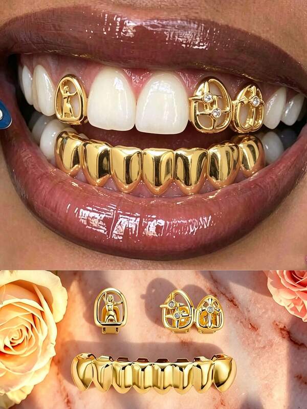 1 Set Hollow-Out Teeth Grillz Accessories, 14K Golden Plated Copper, Y2K Gothic Style, Unisex For Daily Durable Teeth Jewelry
