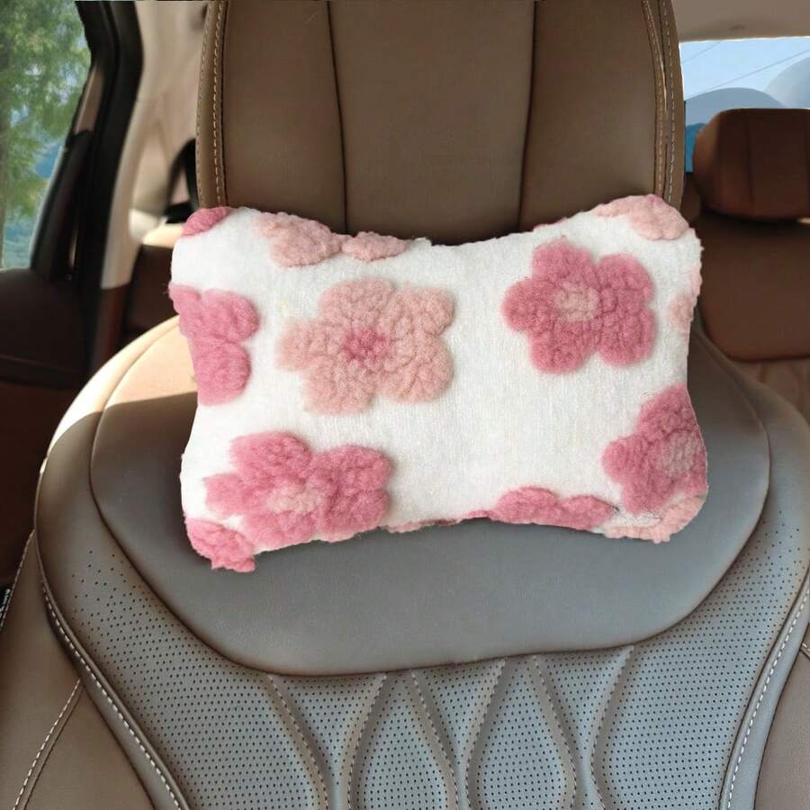 1pc 3D Flower Plush Car Headrest, Cute Girly Style Car Interior Decor Pillow, Travel Relaxation Neck Support Pillow, Soft And Comfortable Car Headrest - A - View 1