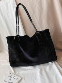 Tote Bag, Loose Large Size Bag Shape, Shoulder Strap Combined With Chain And Webbing Splicing Design, Bag Opening With Wavy Shape. Ample Storage Space For Books, Tablets And Other Personal Items, Shoulder Carry, Casual And Elegant Style, Suitable For Daily Outings - Black - View 2