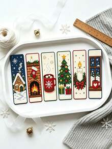 6pcs Christmas‑Themed Cross‑Stitch Bookmark Set, DIY Christmas Bookmark Kit, Medium‑Grid Three‑Strand Embroidery Thread, Christmas Tree, Bell, And Fireplace Pattern - Multiple Styles - View 3