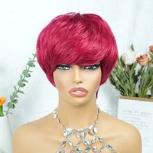 Colored Short Straight Pixie Cut Human Hair Wigs For Women 6 Inch 180% Density Layered Machine Made Wigs With Bangs Black Color 99J# Burgundy Green 613# Blonde BUG Red Color Basic Non Lace Wig Pixie Wig For Daily Wear And Halloween - SBUG - View 8