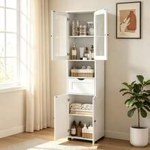 VASAGLE Mueble Baño, Armario Baño, Armario Alto, Compartimento Abierto, Puerta de Cristal, Estrecho, con Patas, Estantes Regulables en Altura, Ahorro de Espacio, Blanco Nube - Blanco - Ver 1