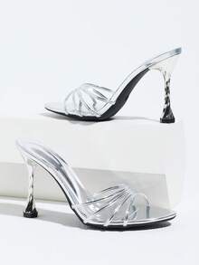 Women's Silver High Heel Sandals With Thin Straps, Open Toe, Spiral Stiletto Heel, Mule Shoes For Party And Commute - Silver - View 6