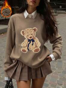 Plus Size Women's Cute Bow Teddy Bear Print Loose Long Sleeve Pullover Sweater - Earth Gray - View 3
