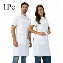 2 Pockets Apron, Unisex Adjustable Bib Apron For Chef, Suitable For Kitchen Cooking, BBQ, Restaurant - White - View 4