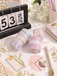 5 Rolls/Box Simple Pattern Glitter PET Tape Set, 3 Widths Of Stylish Tape, Perfect For School Supplies, Crafts, And Gift Wrapping, A Handbook Gift For Friends - Sets - View 7