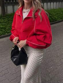 Plus Size Colorblock Stand Collar Drawstring Jacket, Street Travel Airport Date College Style Outerwear, Autumn/Winter Recommended Item - Red - View 4