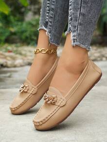 Women's Spring New Arrival Gold Chain Elegant Slip-On Loafers, Lightweight, Comfortable, Versatile Rubber Flat Shoes - Khaki - View 3