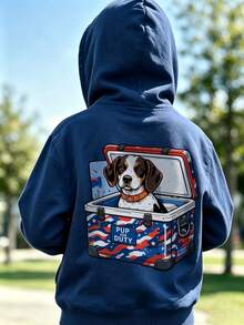 Boys Cute Beagle Dog Ice Bucket Pattern Sweatshirt, Casual Long Sleeve Kids Outdoor Camping Sweatshirt - Navy Blue - View 1