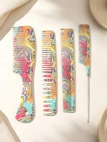 4/3/2/1pc Colorful Paisley Print Hair Comb Set, Professional Hair Styling Combs For Women, Anti-Static Detangling Teasing Comb With Steel Tail, Portable Hairdressing Tool For Salon & Daily Use - Multicolor - View 2