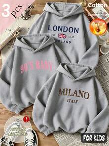 طقم 3 قطع للبنات خريف/شتاء هودي من الفليس مطبوع عليه LONDON EST. ENGLAND 90'S R MILANO ITALY قطن بأكمام طويلة Y2K - رمادي منقوش + رمادي منقوش + رمادي منقوش - مشاهدة 5
