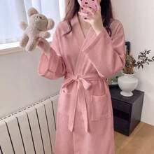 Women's Fashion Loose Casual Waffle Knit Solid Color Bathrobe High-End Loungewear - Pink - View 2