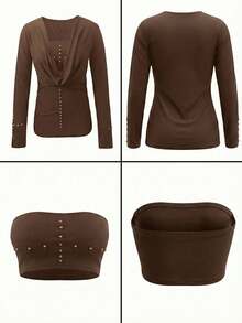 American Style Hot Girl Low Neck Long Sleeve Slim Fit Studded Tube Top 2 Pieces Set - Brown - View 9