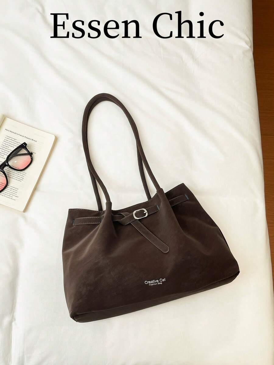 1pc Coffee Brown PU Leather Tote Bag With Strap Decor, Large Capacity Solid Color Shoulder Bag For Women