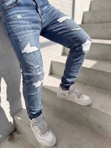 Celana Jeans Pria Slim Straight Leg dengan Detail Sobek dan Garis-Garis, Serbaguna untuk Perjalanan dan Pakaian Kasual, Celana Panjang Denim yang Membuat Tubuh Terlihat Ramping - Biru - View 2