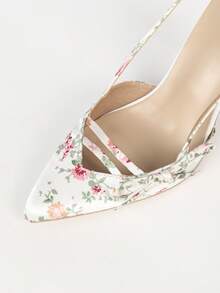 Women's White French Floral Pointed Toe High Heel Shoes, Thin Heel Backless Strap Bow Low Vamp Pumps, Gentle Style Date High Heels - White - View 3
