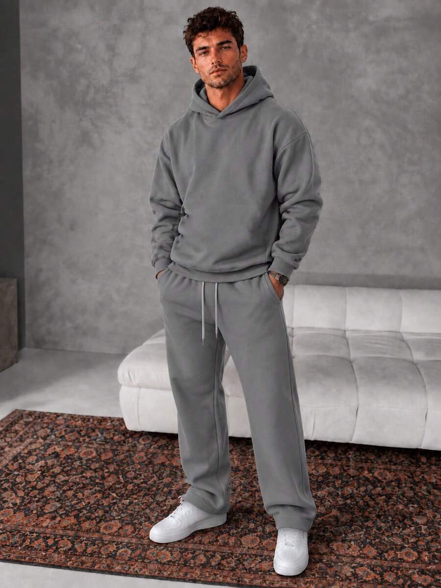 American Basic Men Hoodie And Straight Sweatpants 2 Pieces Outfit, Solid Loose Daily Casual Matching Set - Dark Grey - View 1