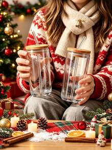 1pc/5pcs 16oz Christmas Mason Glass Cup With Bamboo Lid And Glass Straw ...