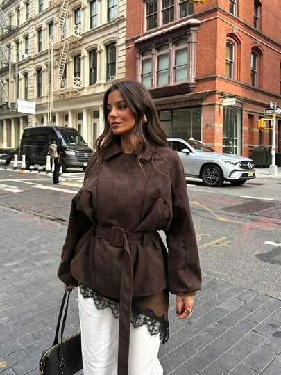 Women's Spring/Autumn American Vintage Commuter Lapel Belt Waist Cinched Faux Suede Short Thick Jacket, Warm Outerwear Suitable For Casual Commute, Street, City, Travel, Store Visiting, Photography, Daily Outfits