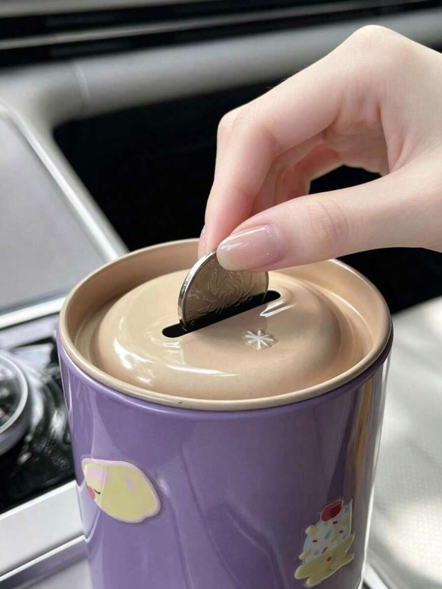 1pc Cute Sticker Car Coin Mini Coin Storage Box, Creative Cartoon Animal DIY Self-Adhesive Sticker Coin Bank Storage Box, Tin Round Coin Savings Box, Car Accessories Storage Box, Car Interior Decor Storage Can - A - View 1