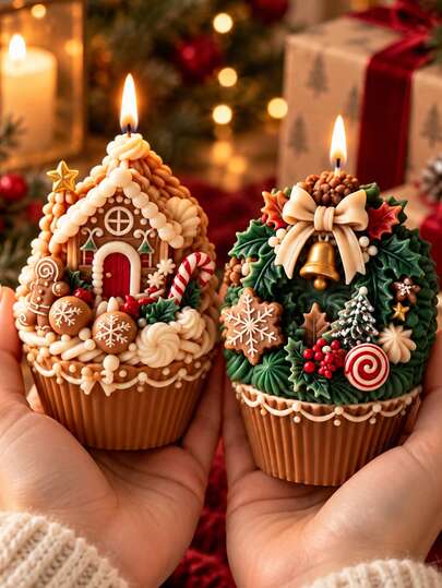 2 Styles Christmas Paper Cup Shaped Silicone Candle Molds, Gingerbread House And Holly Wreath 3D Molds, For Aromatherapy Candles, Soap, DIY Christmas Holiday Decoration Gifts