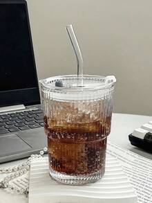 Transparent Glass Cup Striped Coffee Cup With Straw And Lid Simple Style Coffee Cups Large Capacity Glass Water Bottle Portable Outdoor Water Cup For Home Office Parties Autumn Winter Drinkware Home Decor - Multicolor - View 13