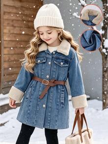 Girls' Mid-Length Thermal-Lined Denim Jacket With Lambswool Collar And Cuffs, Thickened Autumn/Winter Coat - Blue - View 1