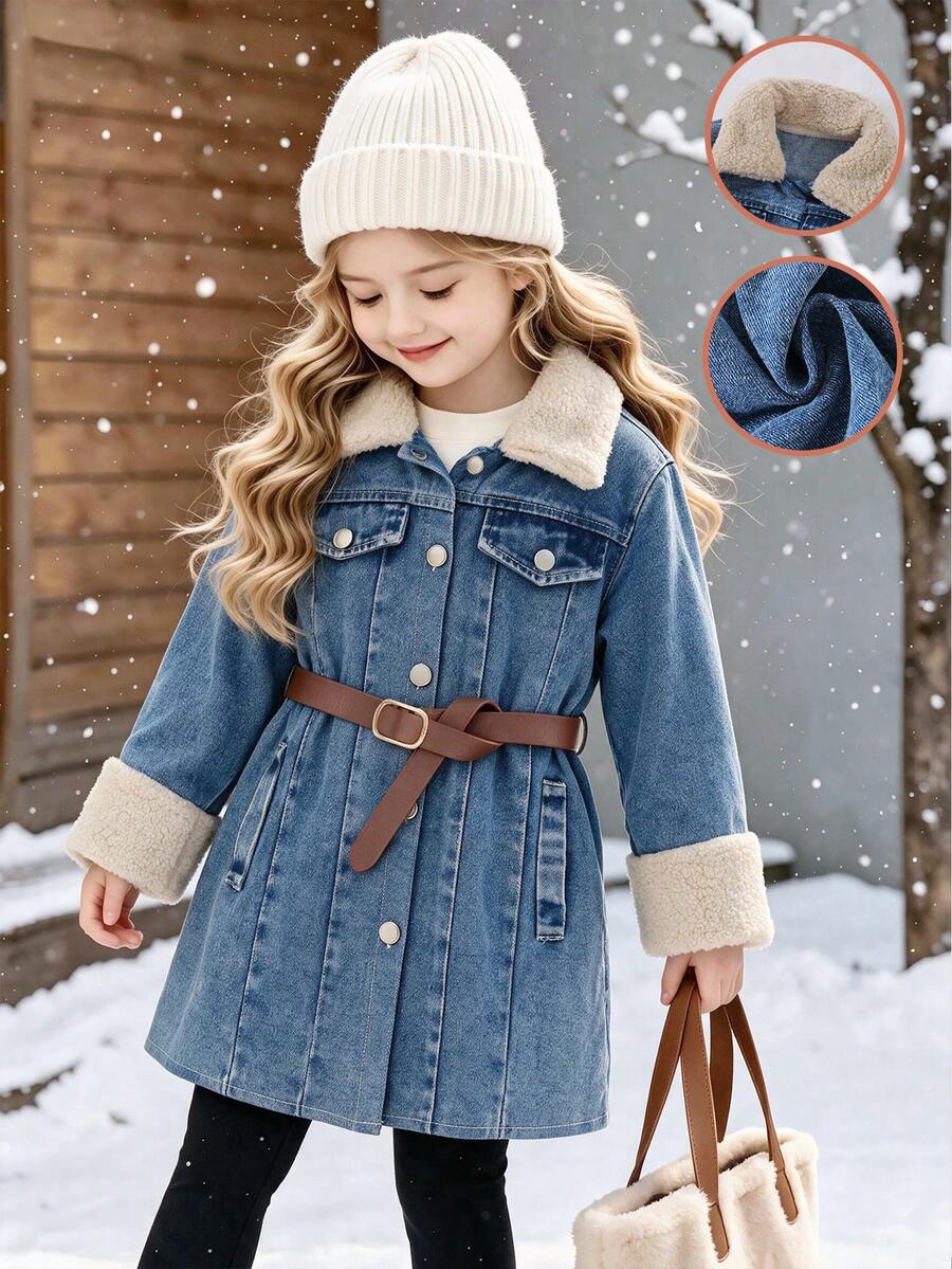 Girls' Mid-Length Thermal-Lined Denim Jacket With Lambswool Collar And Cuffs, Thickened Autumn/Winter Coat - Blue - View 1
