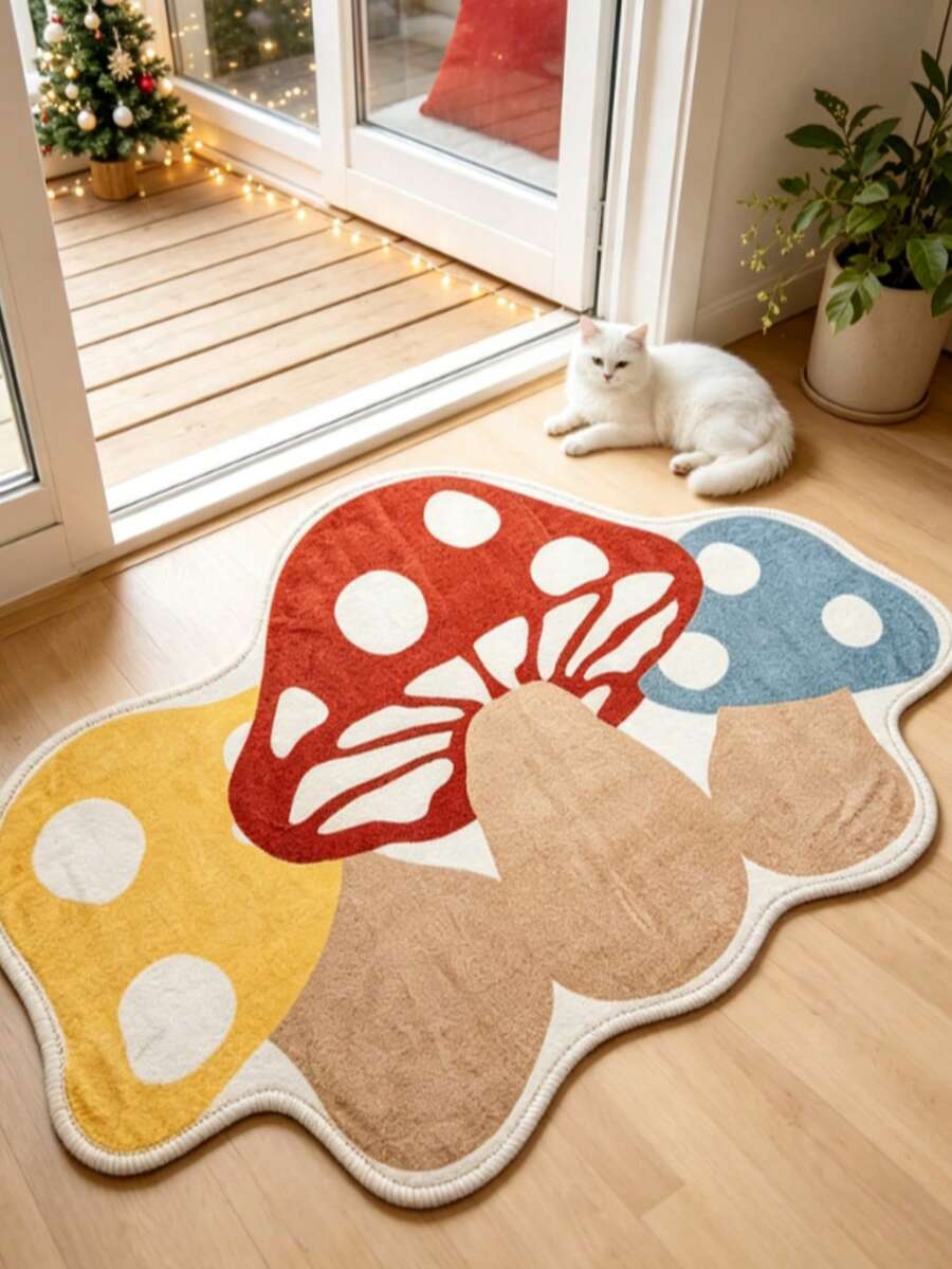 1pc Cute 3 Mushroom Decor Floor Mat, Home Decor, Area Rug, Casual Blanket, Bedside Rug, Bedroom Carpet, Washable Rug - Multicolor - View 1