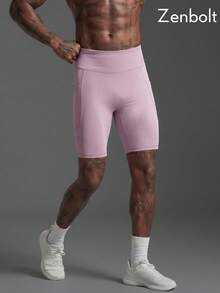 ZenBolt Men's High Waist Elastic Compression Fitness Shorts With Pockets, Workout Running Training Sports Shorts - Baby Pink - View 3