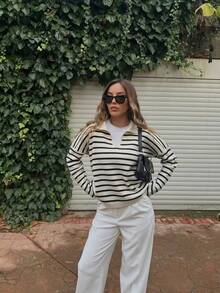 Women's Striped Print Polo Collar Long Sleeve Knit Top, Casual V Notch Drop Shoulder Loose Sweater, Daily Basic Pullover - Black and White - View 3
