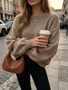 Solid Color Round Neck Beaded Casual Loose Knit Pullover Top - Light Brown - View 1