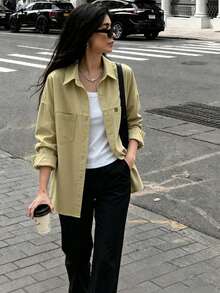 Women's Solid Color Front Button Pocket Casual Shirt Spring Yellow - Yellow - View 6