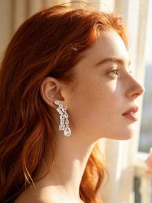 Swarovski 1 Pair Silver Teardrop & Square Glass Rhinestone Tassel Long Pendant Earrings, Exaggerated Style Jewelry For Women Wedding Party - Silver - View 2