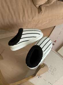 XIXITIAO Minimalist Casual Striped Slippers, Warm Winter Soft Sole House Slippers - White - View 6