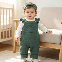 1pc Spring/Autumn New Baby Infant Sleeveless Romper, Baby Girl Flutter Sleeve Solid Color Jumpsuit, Comfortable Soft Baby Boy Front Pocket Outfit, Versatile Newborn Romper Crawl Suit, White Long Sleeve Inner Layer Not Included - Green - View 10