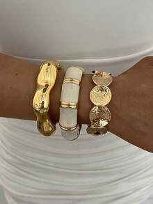 3/1pc Multi-Layer Stackable Fashion Minimalist Elegant Exquisite Vintage Design Geometric Ribbon Wave Disc White Oil Drop Patchwork Metal Style Exaggerated Wide Chunky Bracelet Set, Holiday Vacation Party Date Gift, Daily Commute Wear, Personalized - Yellow Gold - View 2