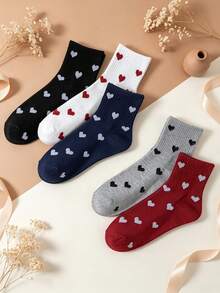 5 Pairs Minimalist Small Heart Jacquard Mid-Calf Socks, Multi-Color All-Match Heart Pattern Socks, Versatile Casual Socks For Girls - Multicolor - View 1