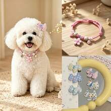 7PCS Cute Pet Combination Set Adjustable Size Handmade Beaded Flower Pet Collar + 6pcs Multicolor Cartoon Puppy Mini Hair Clips Small Dog Cat Outdoor Photo Shoot Decoration Accessories Gift Clips Necklace Combination - Multicolor - View 1