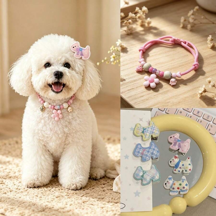 7PCS Cute Pet Combination Set Adjustable Size Handmade Beaded Flower Pet Collar + 6pcs Multicolor Cartoon Puppy Mini Hair Clips Small Dog Cat Outdoor Photo Shoot Decoration Accessories Gift Clips Necklace Combination - Multicolor - View 1