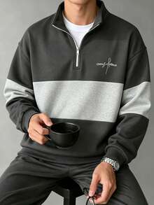 Men's Autumn/Winter Letter Pattern Patchwork Loose Drop Shoulder Zip-Up Collar Sweatshirt, Suitable For Casual Fashion - Dark Grey - View 1