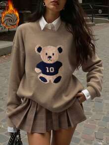 Women's New Round Neck Long Sleeve Sweater, Cute Bear Print, Fashion Casual Knit Style, Suitable For Daily Commute - Earth Gray - View 2