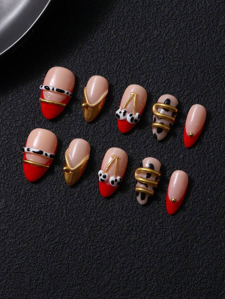 10pcs/Set Handmade Press-On Almond Nails, Built-Up Thickened Autumn/Winter Hand-Painted Burgundy French Nude Cherry Gold Bead Line Inlay Y2K Style, Includes 1pc Jelly Glue And 1pc Nail File, Suitable For Daily And Party Nail Care - Multicolor - View 1