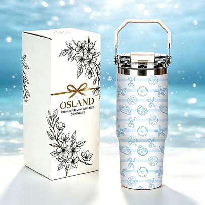 1/5pcs 30oz Fresh Ocean Insulated Tumbler, Blue & White Striped With Starfish And Shell Flat Print, With Portable Flip Lid. Stainless Steel Vacuum Insulated, Long-Lasting Cold & Heat Retention, Large Capacity For Outdoor Drinking Needs, Refreshing Summer Style, Suitable For Beach Trips, Unique Daily Gift