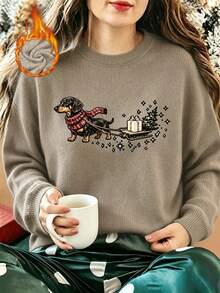 Women's Plus-Size Casual Crew-Neck Faux-Knit Sweater With Dachshund Graphic Print – A Versatile Top For Autumn And Winter, Perfect As A Christmas Gift - Camel - View 3