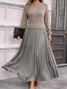 Plus Size Women's Casual Long Sleeve Knit Patchwork Pleated Dress, Elegant Dresses For Women, Autumn, Fall, Fall Winter Sweater, Office Outfits, Work Dress, Pleated - Khaki - View 11