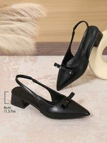 Women's Black Pointed Toe Bow Backless Slingback Pumps, Chunky Heel Sandals, Elegant Daily Commute & Date Shoes - Black - View 4