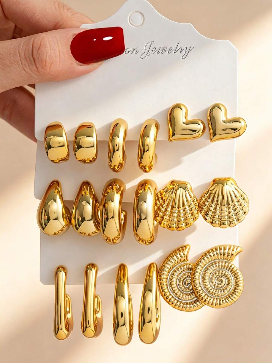 6/18pcs Anting-anting Lingkaran Emas Multi-Elemen Bentuk C, Hati, dan Tetesan Air dari Cangkang Kerang yang Elegan, Cocok untuk Pemakaian Sehari-hari Wanita, Hadiah Liburan - Emas - View 1