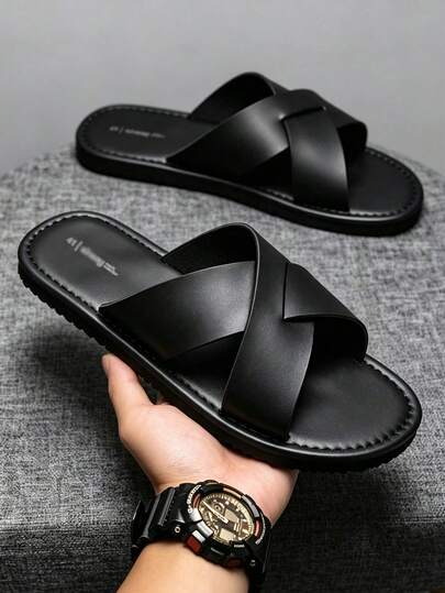 Men's Soft Sole Criss-Cross Strap Slippers, Men's Outdoor Party Business Casual Open Toe Slides, Black Minimalist Mule Sandals, Suitable For Beach, Casual And Daily Wear - Comfortable For All Seasons, Men's Slippers, Men's Indoor Shoes