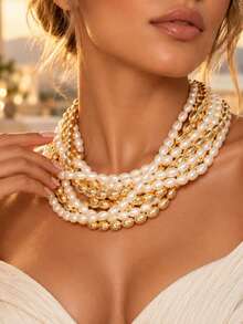 1pc Women's Multi-Layer Faux Pearl Necklace, Golden Color Beaded Layered Statement Necklace, Elegant Party Jewelry - Gold - View 2